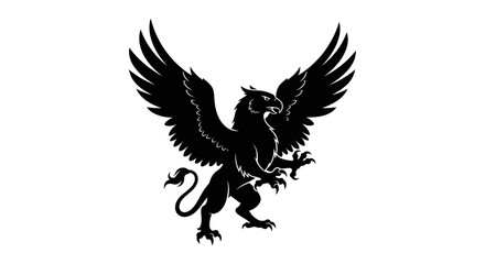 A stark black silhouette of a mythical griffin with outstretched wings and sharp claws, rendered against a plain white background, symbolizing power and legend.