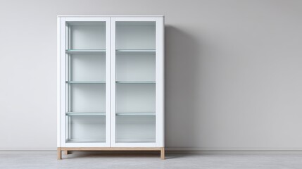 Modern white display cabinet with glass shelves stands against a minimalist wall, showcasing a sleek design ideal for home decor and interior styling purposes