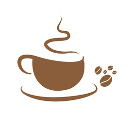Creative brown coffee cup icon with beans and steam design