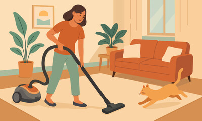 Flat vector illustration of a woman vacuuming the living room while her cat plays nearby. Perfect for home cleaning, daily routine, and cozy lifestyle concepts.