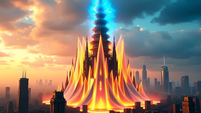 Epic Futuristic Cathedral Tower With Glowing Orange And Blue Energy In A Cityscape At Sunset