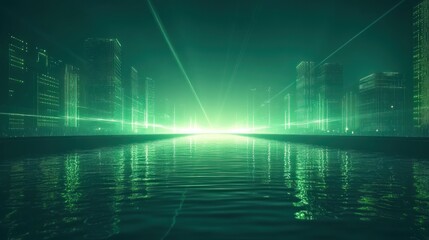 Naklejka premium Futuristic city skyline at night reflected in water, abstract digital art
