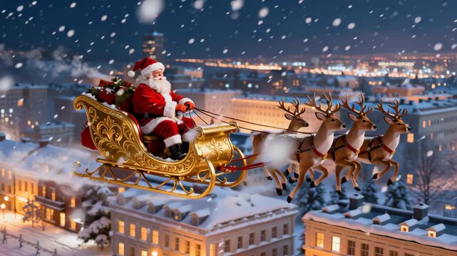 Santa Claus flying over a snowy city with reindeer in a festive holiday scene