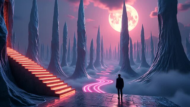 Surreal Landscape With Glowing Staircase and Winding Path Under A Large Pink Moon And Jagged Rock Formations
