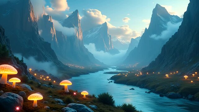 Enchanted Valley With Glowing Mushrooms and Majestic Mountains Under a Blue Sky with Soft Clouds