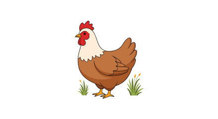 Fototapeta premium Cute cartoon brown hen standing in a field of grass.