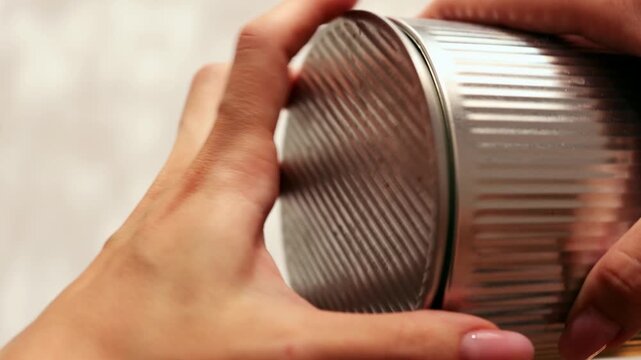 Female hands opening a tin can and showing that it is empty, close-up.