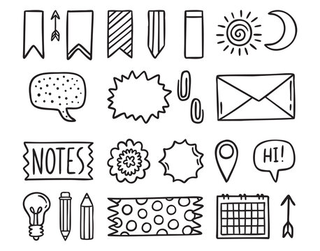 Planner stickers for notes, labels, pencils and stars, line art outline contour, monochrome, hand drawn