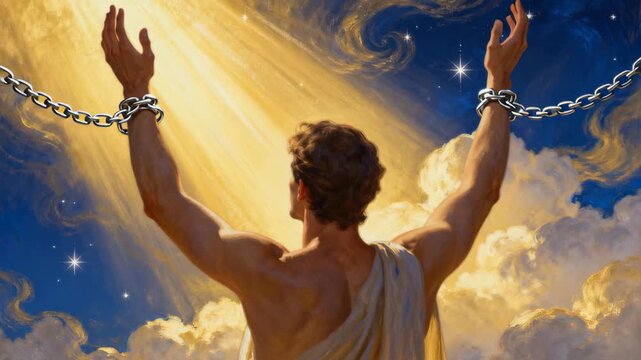 Symbolic artwork of liberation and hope with a man breaking free from chains under celestial light