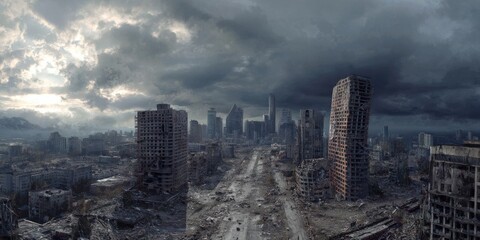 A High Resolution image of apocalyptic cityscape with destroyed buildings under a stormy sky.
