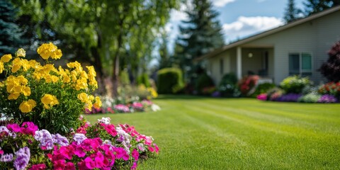A High Resolution image of beautifully manicured suburban house with colorful flower beds and green lawn.