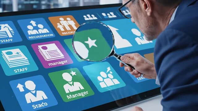 39_HRM Human Resource Management man use magnifier for search manager icon which is among staff icons for human development recruitment leadership and customer target group concept_4K_10s 54571855 1