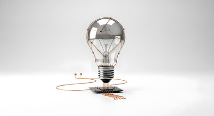 Metal lightbulb icon connected to small circuit board symbolizing innovation and startup technology