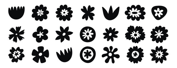 Naive daisy flowers clipart set with top view blooms and leaves. Monochrome line art, hand drawn.