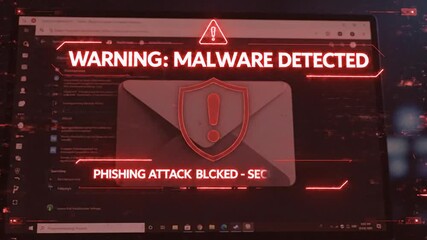 48_Email phishing attack warning with digital alert icon Concept of cybersecurity threat scam email malware spam detection data breach and secure communication system_4K_10s 27347496 1 - Powered by Adobe
