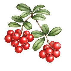 Cluster of Ripe Red Cranberries on Green Leafy Branch. Fresh Garden Berries, Natural Fruit Element Isolated on White for Healthy Eating and Botanical Themes.