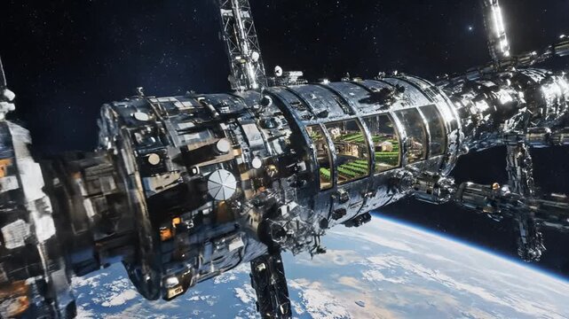 Space station features advanced design with vertical gardens thriving inside. A stunning view of Earth in the background. Concept of space technology, urban farming, ecological sustainability