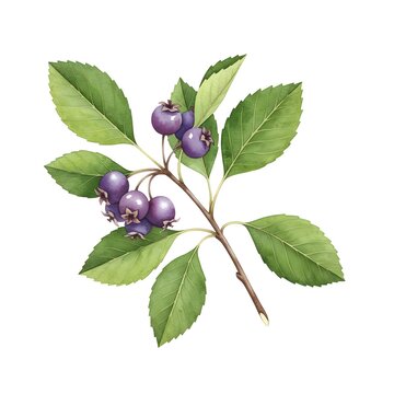Botanical Illustration: Serviceberry Branch with Lush Green Leaves. Isolated Purple Fruit.