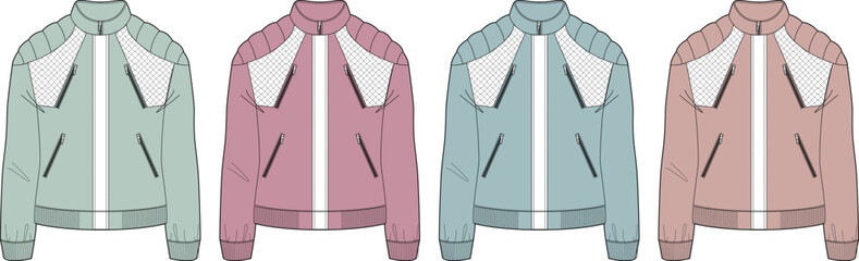 Collection of four stylish jackets in pastel colors for fashion design