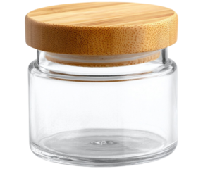 Clear glass jar with natural bamboo lid for storage and display on a dark surface