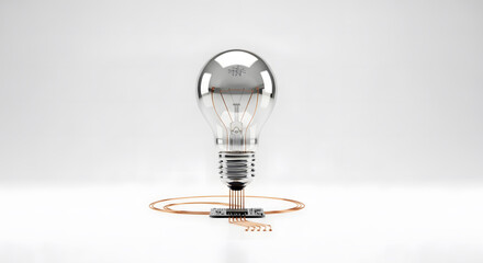 Metal lightbulb icon connected to small circuit board symbolizing innovation and startup technology