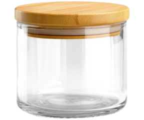 Clear glass jar with natural bamboo lid for kitchen storage and food preservation