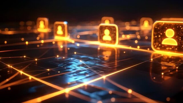 Illuminated icons of persons connected by glowing lines, implying a network, on a dark, abstract background