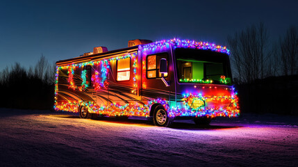 A motorhome decorated with colorful Christmas lights, glowing warmly in a snowy nighttime setting, evoking holiday spirit and winter adventure.