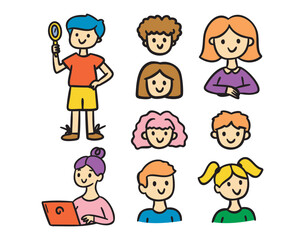 Kids characters set, boy with magnifier, girl at desk and with laptop, colorful, hand drawn