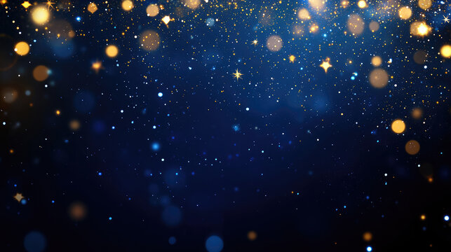 Abstract blurred bokeh lights on dark blue background - festive Christmas and new year holiday template with glittering defocused stars and sparkling effects