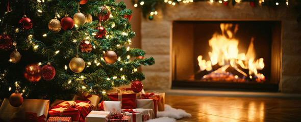 decorations around the Christmas tree by a fire place at home