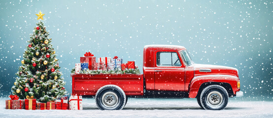 Festive red truck with gifts and decorated christmas tree in snowy winter banner