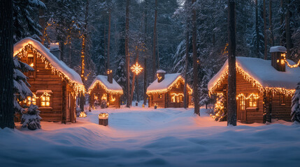 Naklejka premium Wood village in festive lights at Christmas night, wooden houses covered with snow in winter forest. Concept of nature, New Year