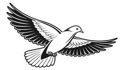 Obraz premium Illustration of a dove in flight with wings spread wide in black and white vector format graphic art