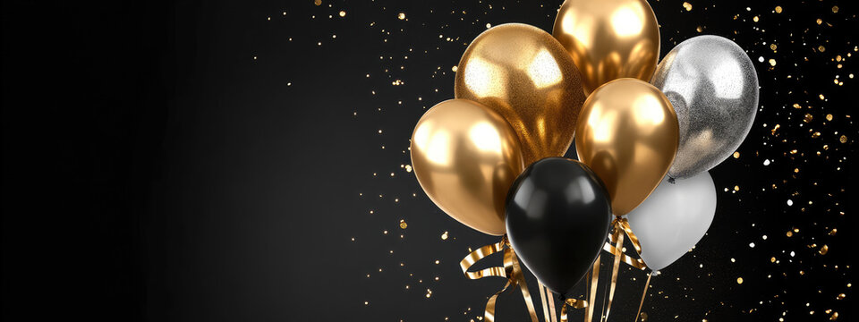 Birthday gold balloon happy card background black white party gift. Poster gold birthday elegant balloon anniversary design luxury premium template invite mockup christmas room rose ribbon silver up