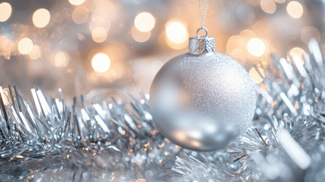 Shiny silver Christmas ornament on a reflective silver tinsel tree with soft bokeh lights. Elegant holiday decoration concept for festive interior design