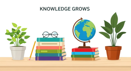 KNOWLEDGE GROWS concept of global education, reading, and learning development with books and plants. isolated PNG with Transparent Background