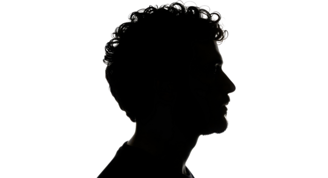 Black silhouette profile of a young man with curly hair for identity concepts isolated PNG with Transparent Background