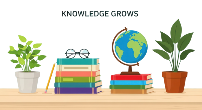 KNOWLEDGE GROWS concept of global education, reading, and learning development with books and plants. isolated PNG with Transparent Background