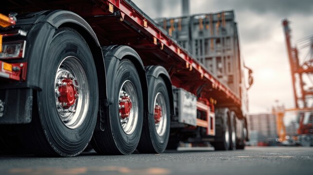 A High Resolution image of closeup of a large trucks wheels and chassis at a port.