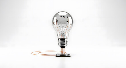 Metal lightbulb icon connected to small circuit board symbolizing innovation and startup technology