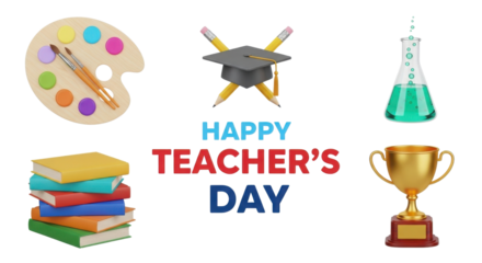 Happy Teacher's Day greeting banner with 3D educational icons representing knowledge and appreciation isolated PNG with Transparent Background
