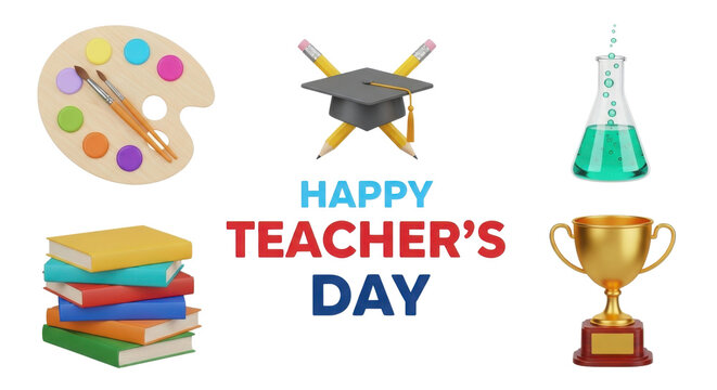 Happy Teacher's Day greeting banner with 3D educational icons representing knowledge and appreciation isolated PNG with Transparent Background