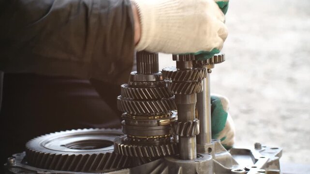 Professional mechanic wearing gloves carefully assembling gears and shafts manual transmission gearbox during vehicle repair service in auto workshop or garage. Mechanic assembling car manual gearbox