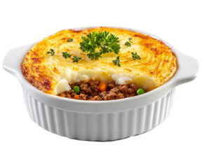 Delicious golden brown shepherds pie baked to perfection in a white ramekin dish