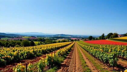 Vibrant Countryside with Vineyards and Rolling Hills