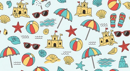 Summer Beach Pattern with Sandcastles, Umbrellas, and Beach Balls.
