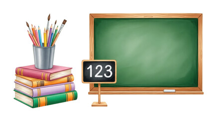 School supplies set with green chalkboard, stacked books, and pencils for education concept. isolated PNG with Transparent Background