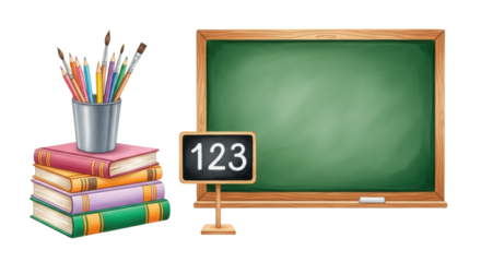 School supplies set with green chalkboard, stacked books, and pencils for education concept. isolated PNG with Transparent Background