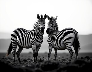 Naklejka premium Black and White Zebras Minimalist Field Scene